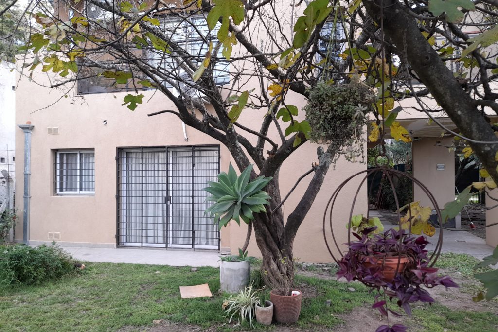 frente de vivienda con árboles frutales en el conurbano bonaerense, proyecto de OUSIA Arquitectos