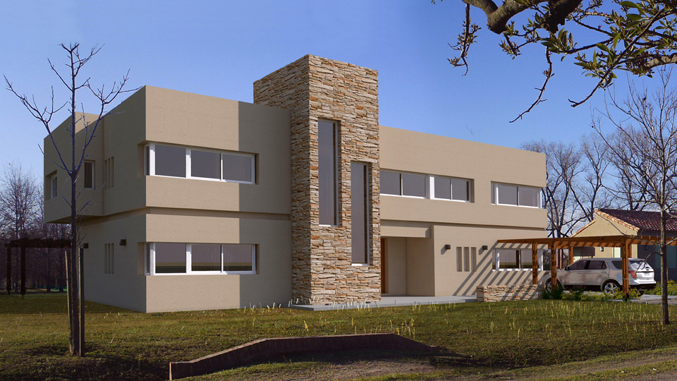 vista exterior de vivienda unifamiliar en dos plantas en barrio Los Álamos, Estancia Villa María, por OUSIA Arquitectos