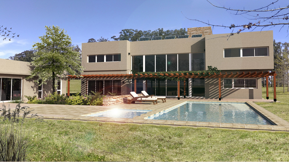 vista exterior, piscina y espacios comunes en vivienda unifamiliar, Estancia Villa María, por OUSIA Arquitectos