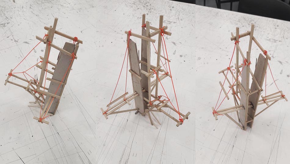 maquetas de estudio en madera e hilo rojo. trabajo de taller en Proyecto IV. Catedra Aiello. Unlam . docente: Javier Curros Cámara y otros