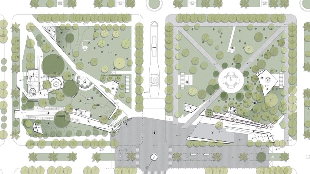 plano de diseño de plazas Mitre y Alsina en Bolívar, provincia de Buenos Aires. concurso