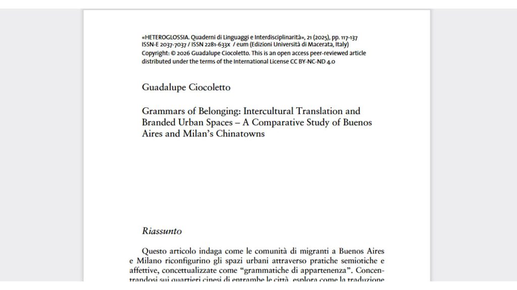 hetero 02 Imagen de la primera página de texto del artículo publicado en revista italiana Heteroglossia, por Guadalupe Ciocoletto.