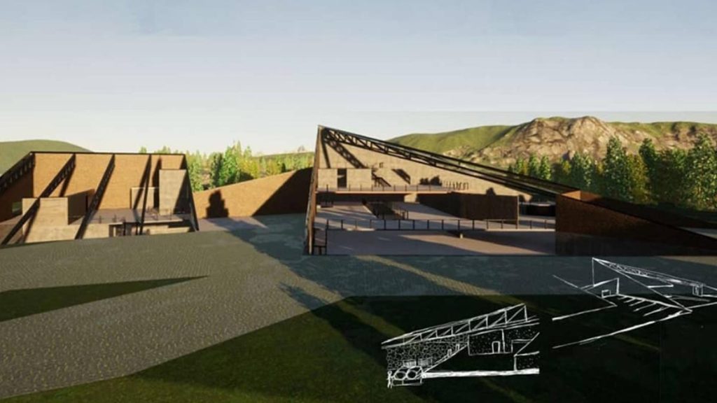 p6-04 fotomontaje de maqueta de Bodegas en Mendoza al pie de la cordillera. Proyecto VI. UNLAM.