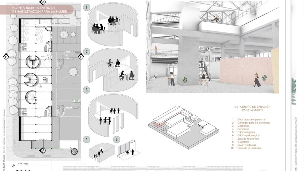 lamina con plantas, esquemas y renders de la propuesta del proyecto final de carrera. Estudiantes de la UNLAM. Docente: Javier Curros Cámara y otros